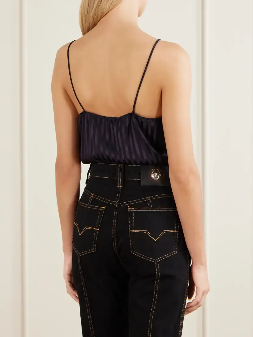 Versace Striped Lace-trimmed Silk-blend Bodysuit | Thumbnail 4