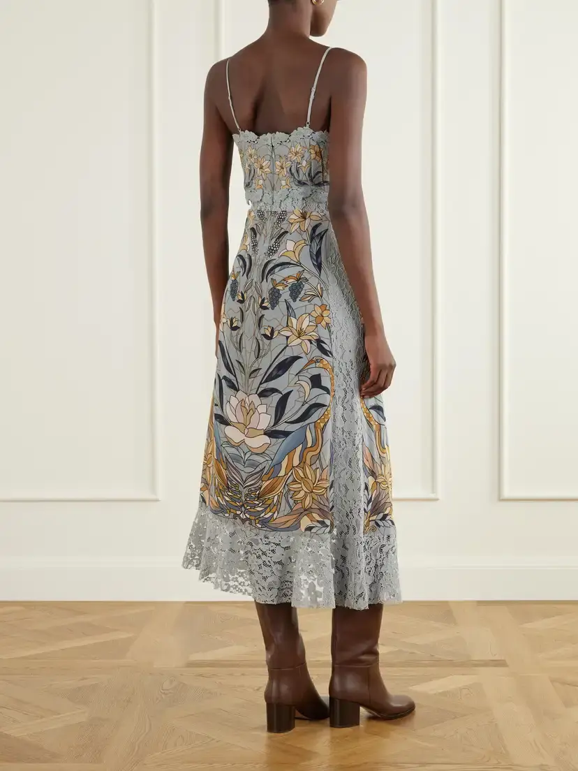 Farm Rio Stained Glass Beauty Printed Guipure Lace-trimmed Satin Midi Dress | Thumbnail 3 Farm Rio Stained Glass Beauty Printed Guipure Lace-trimmed Satin Midi Dress | Thumbnail 3