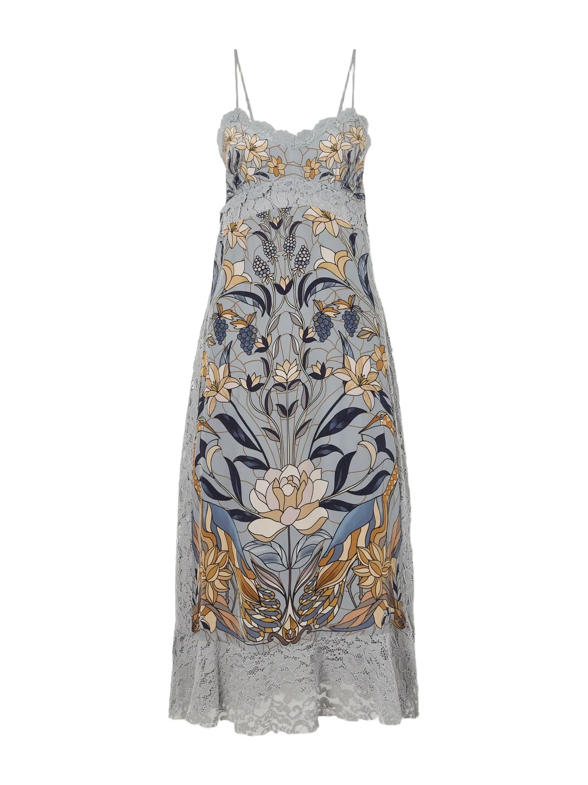 Farm Rio Stained Glass Beauty Printed Guipure Lace-trimmed Satin Midi Dress