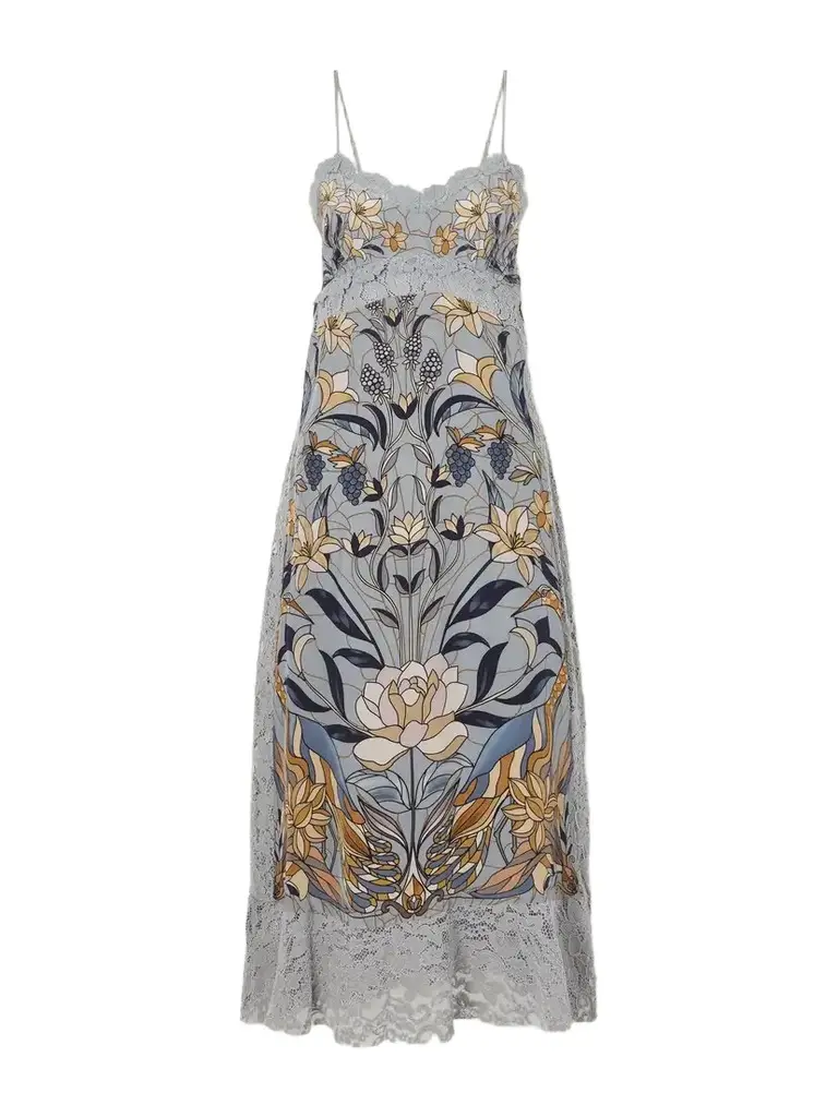 Farm Rio Stained Glass Beauty Printed Guipure Lace-trimmed Satin Midi Dress