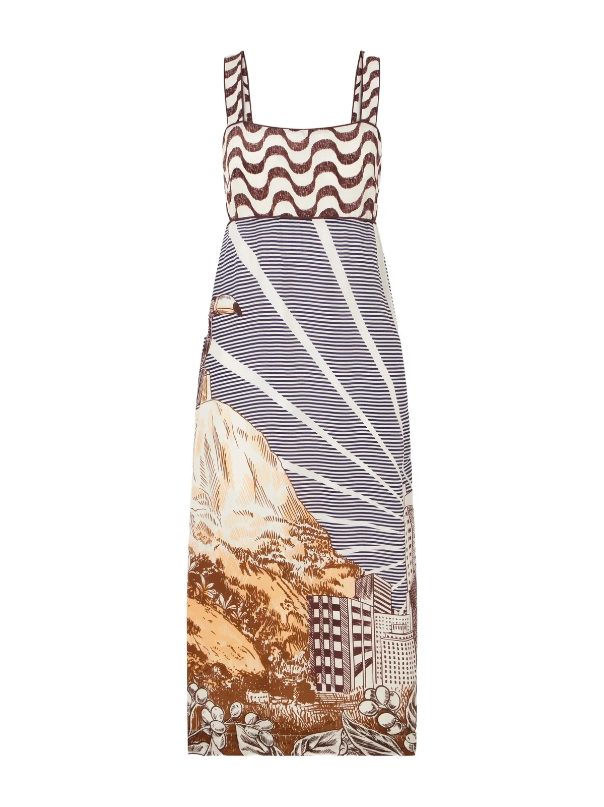 Mixed Carioca Coffee Scarves Printed Voile Midi Dress