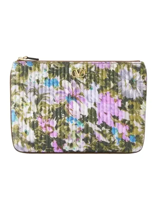 Vlogo-embellished Medium Leather-trimmed Quilted Floral-jacquard Clutch