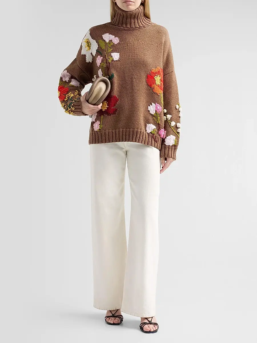 Oscar de la Renta Women's Floral-Embroidered Intarsia-Knit Wool Sweater | Thumbnail 2 Oscar de la Renta Women's Floral-Embroidered Intarsia-Knit Wool Sweater | Thumbnail 2