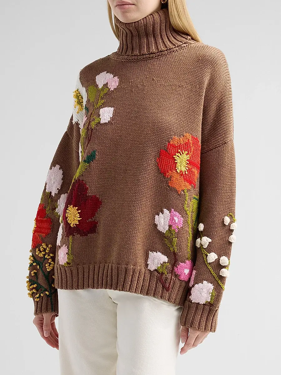 Oscar de la Renta Women's Floral-Embroidered Intarsia-Knit Wool Sweater | Thumbnail 4 Oscar de la Renta Women's Floral-Embroidered Intarsia-Knit Wool Sweater | Thumbnail 4
