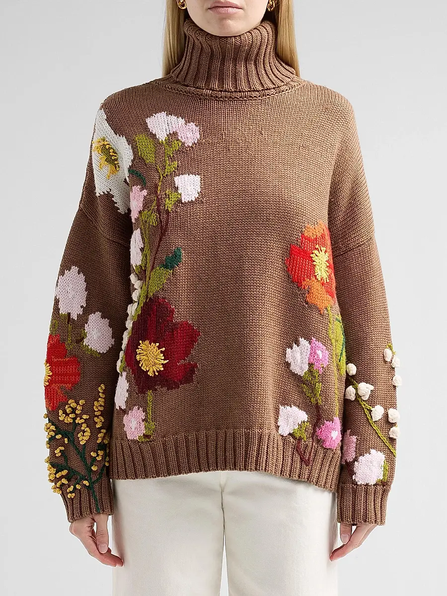 Oscar de la Renta Women's Floral-Embroidered Intarsia-Knit Wool Sweater | Thumbnail 5 Oscar de la Renta Women's Floral-Embroidered Intarsia-Knit Wool Sweater | Thumbnail 5