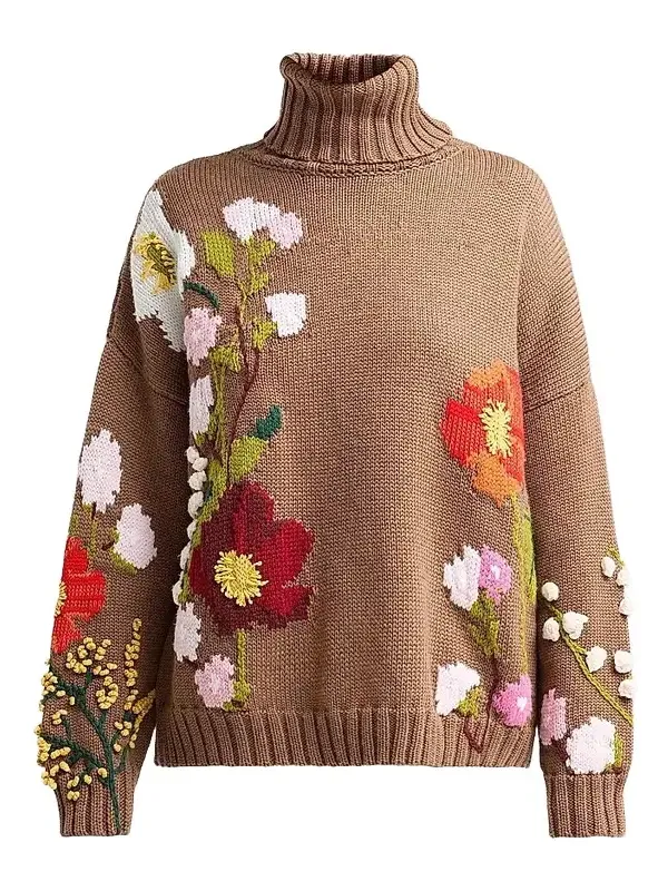 Women's Floral-Embroidered Intarsia-Knit Wool Sweater