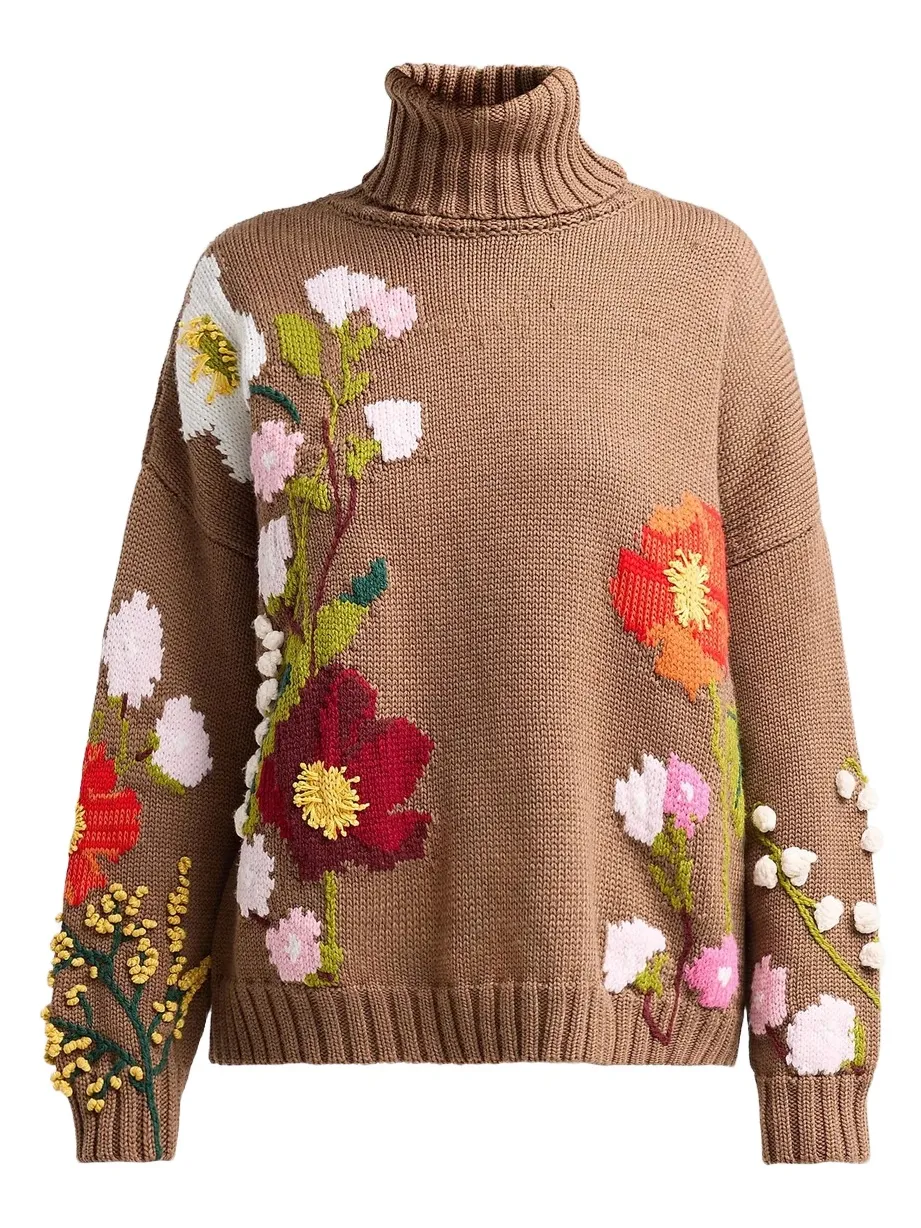 Women's Floral-Embroidered Intarsia-Knit Wool Sweater Women's Floral-Embroidered Intarsia-Knit Wool Sweater