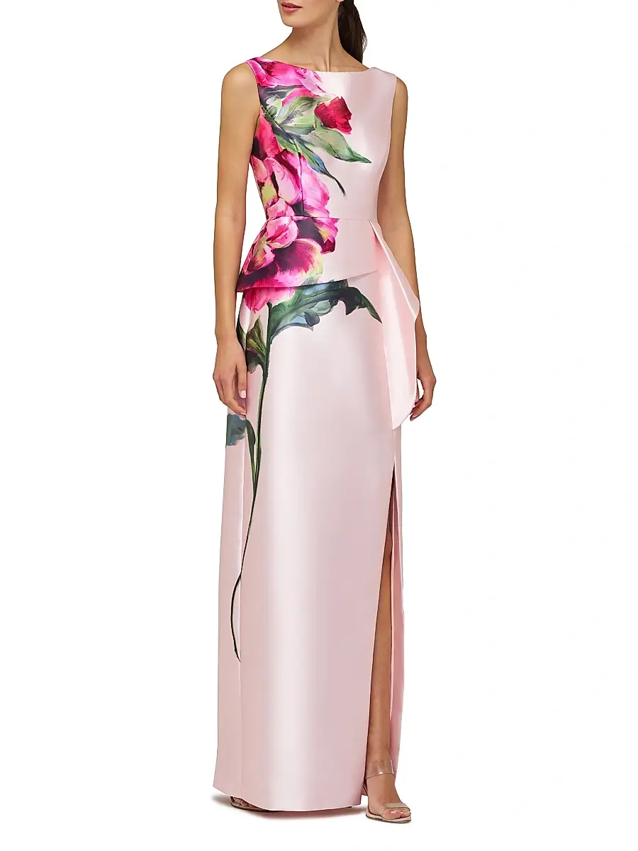 Kay Unger Women's Luciana Satin Floral Column Gown | Thumbnail 2 Kay Unger Women's Luciana Satin Floral Column Gown | Thumbnail 2