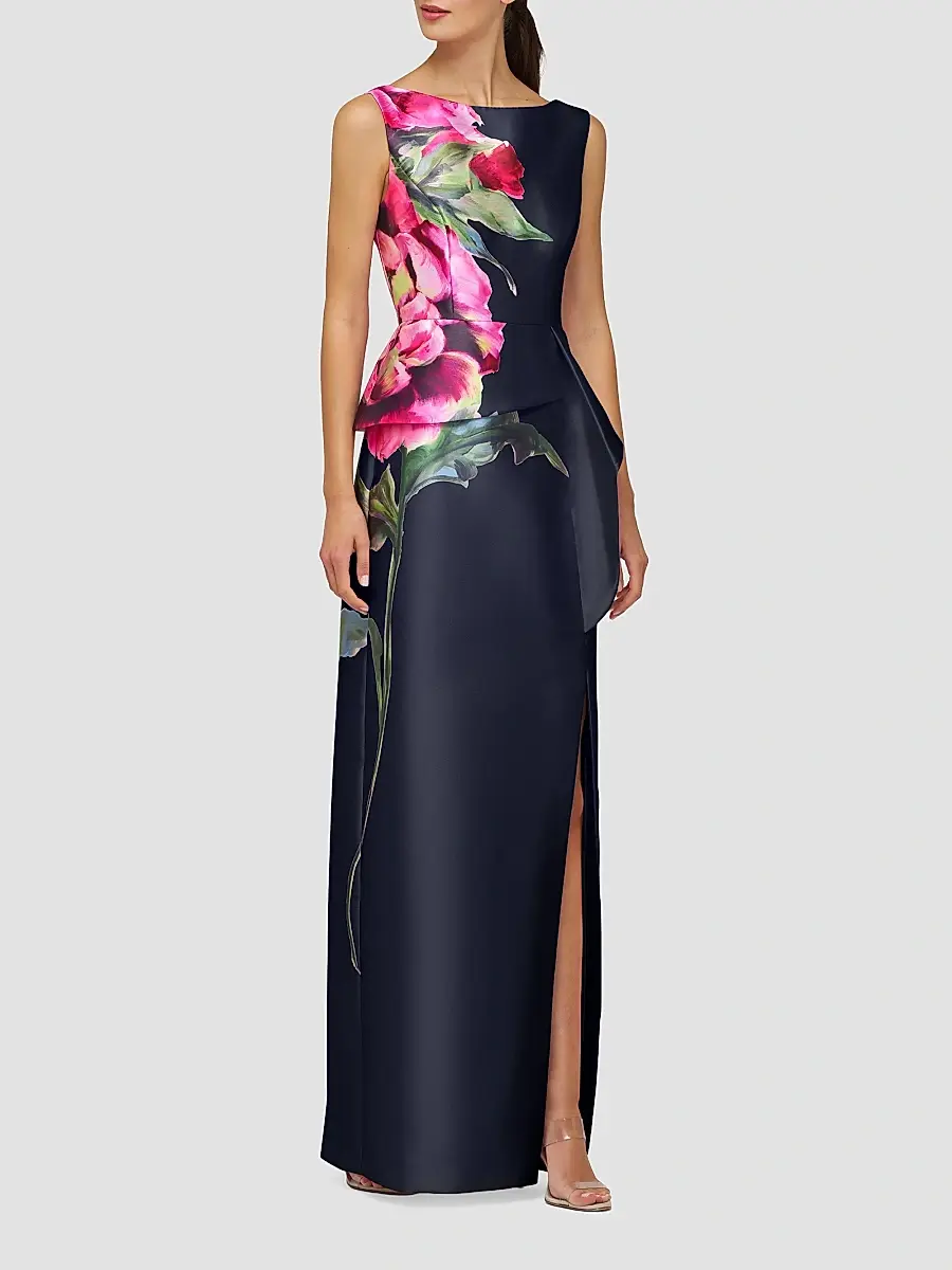 Kay Unger Women's Luciana Satin Floral Column Gown | Thumbnail 2 Kay Unger Women's Luciana Satin Floral Column Gown | Thumbnail 2