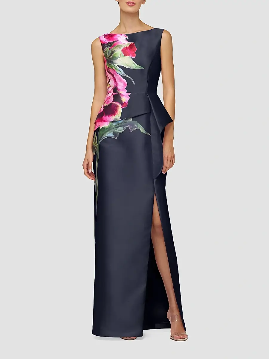 Kay Unger Women's Luciana Satin Floral Column Gown | Thumbnail 4 Kay Unger Women's Luciana Satin Floral Column Gown | Thumbnail 4