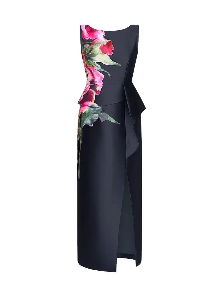 Kay Unger Women's Luciana Satin Floral Column Gown