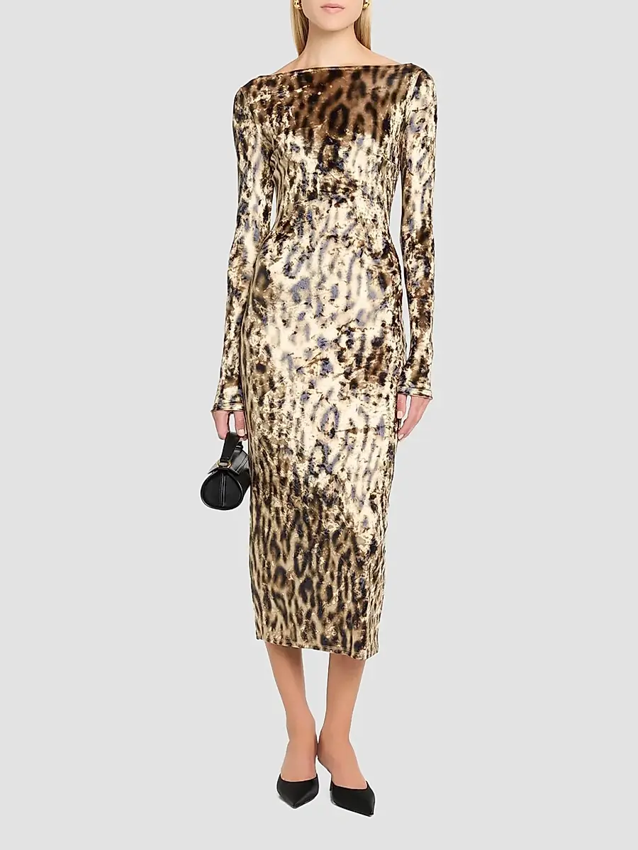Lapointe Women's Velvet Leopard Boatneck Midi Dress | Thumbnail 2 Lapointe Women's Velvet Leopard Boatneck Midi Dress | Thumbnail 2