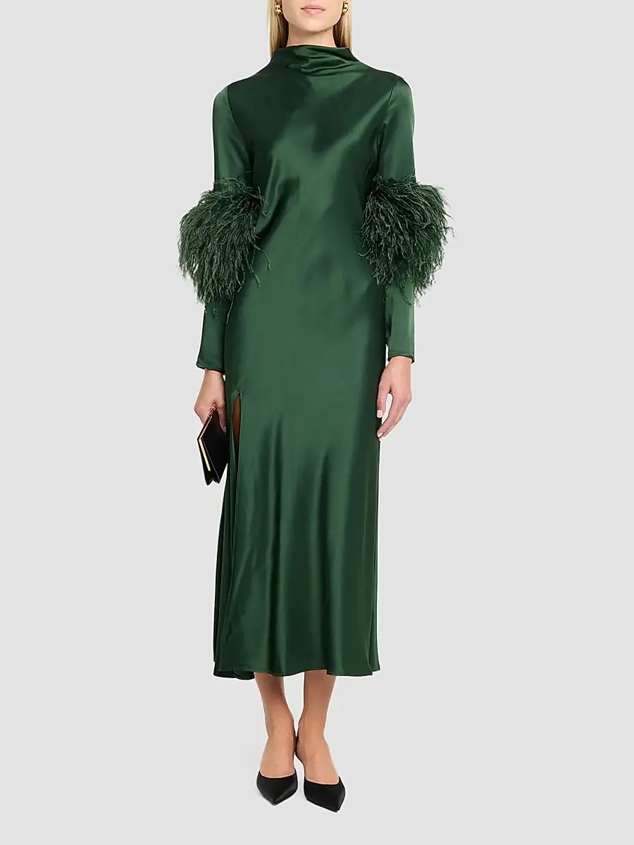 Lapointe Women's Satin Feather-Trimmed Bias Midi Dress | Thumbnail 2 Lapointe Women's Satin Feather-Trimmed Bias Midi Dress | Thumbnail 2