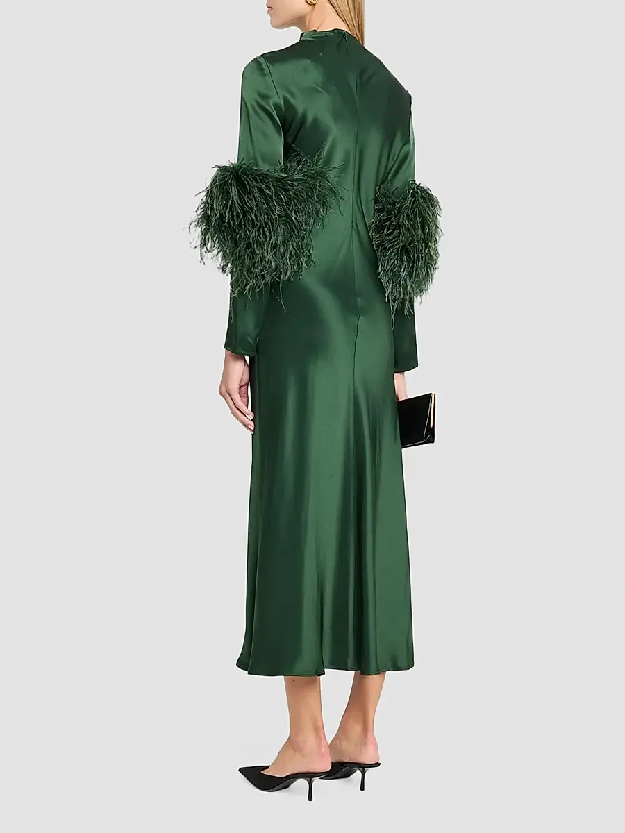 Lapointe Women's Satin Feather-Trimmed Bias Midi Dress | Thumbnail 3 Lapointe Women's Satin Feather-Trimmed Bias Midi Dress | Thumbnail 3