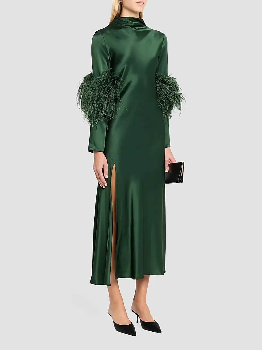 Lapointe Women's Satin Feather-Trimmed Bias Midi Dress | Thumbnail 4 Lapointe Women's Satin Feather-Trimmed Bias Midi Dress | Thumbnail 4