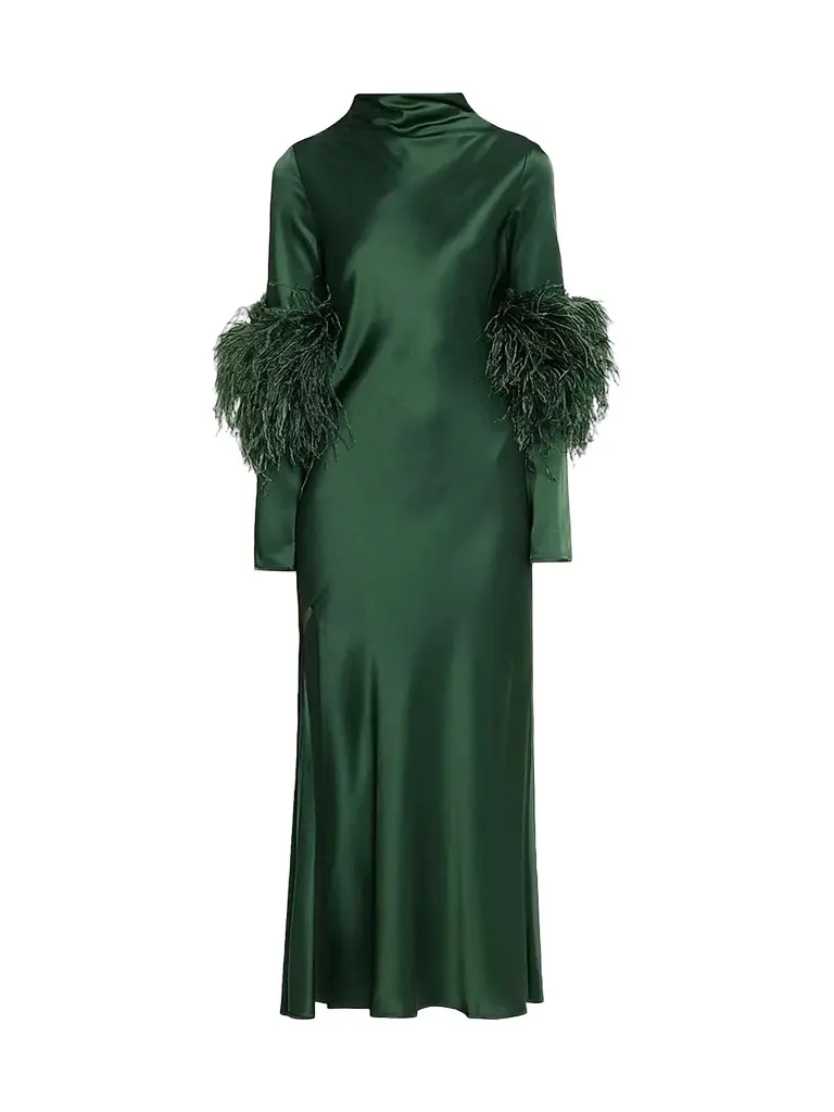 Lapointe Women's Satin Feather-Trimmed Bias Midi Dress