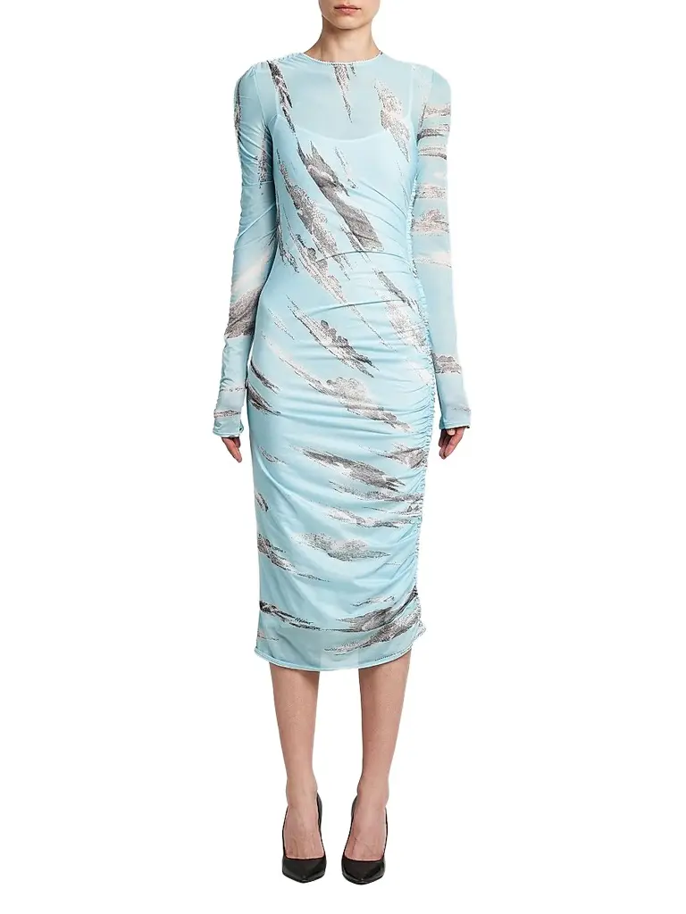 MOSCHINO Women's Ruched Abstract Stretch-Tulle Midi Dress