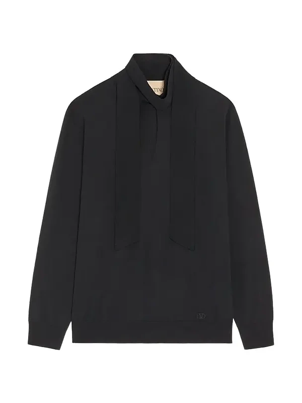 Men's Wool Sweater with Scarf Collar and VLogo Embroidery - Black