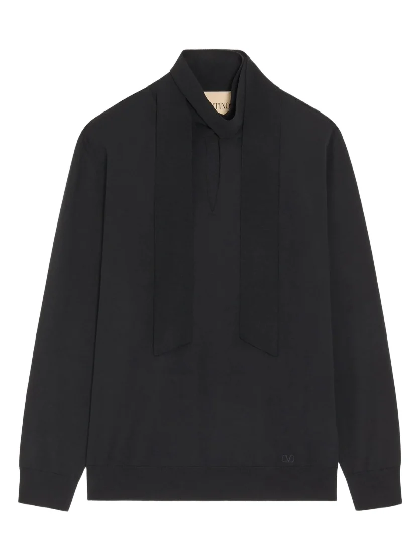 Valentino Men's Wool Sweater with Scarf Collar and VLogo Embroidery - Black