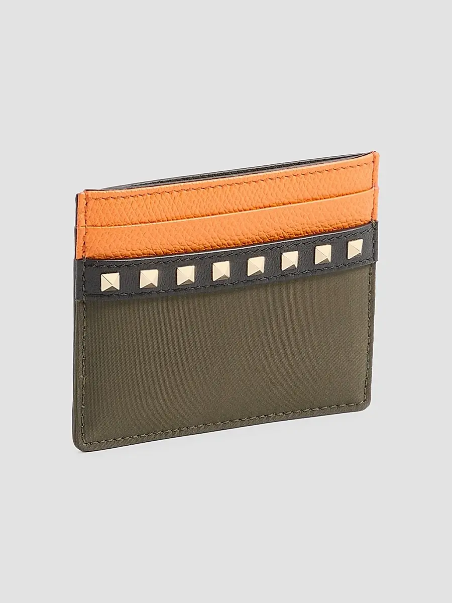 Valentino Men's Stud Up Cardholder in Nylon and Grainy Calfskin - Olive Green Orange | Thumbnail 3 Valentino Men's Stud Up Cardholder in Nylon and Grainy Calfskin - Olive Green Orange | Thumbnail 3
