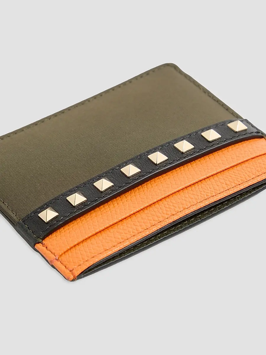 Valentino Men's Stud Up Cardholder in Nylon and Grainy Calfskin - Olive Green Orange | Thumbnail 4 Valentino Men's Stud Up Cardholder in Nylon and Grainy Calfskin - Olive Green Orange | Thumbnail 4