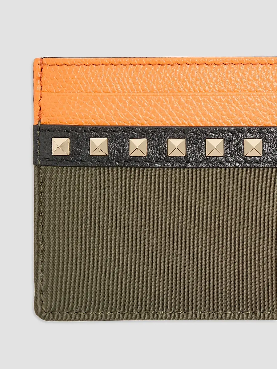 Valentino Men's Stud Up Cardholder in Nylon and Grainy Calfskin - Olive Green Orange | Thumbnail 5 Valentino Men's Stud Up Cardholder in Nylon and Grainy Calfskin - Olive Green Orange | Thumbnail 5