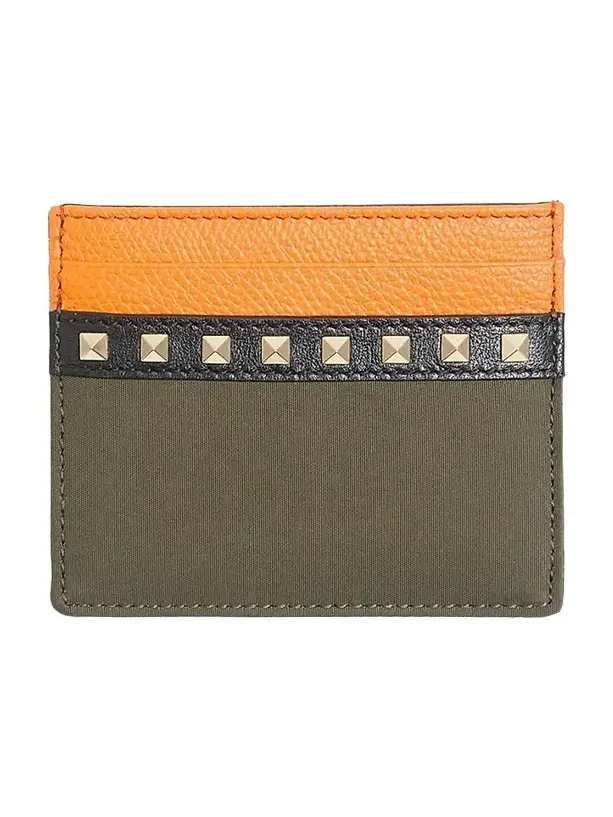 Men's Stud Up Cardholder in Nylon and Grainy Calfskin - Olive Green Orange