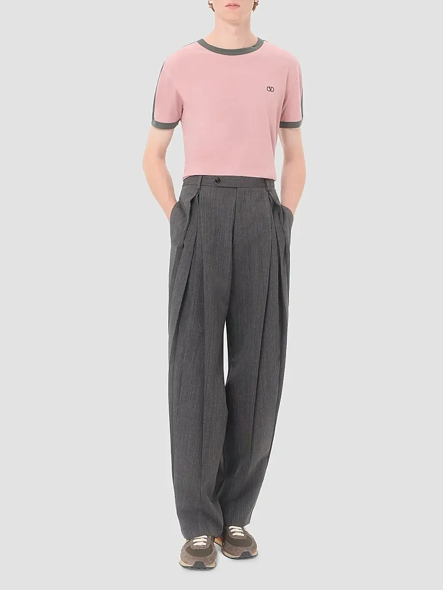 Valentino Men's Cotton T-Shirt with Crewneck with VLogo Embroidery - Pink Green | Thumbnail 2 Valentino Men's Cotton T-Shirt with Crewneck with VLogo Embroidery - Pink Green | Thumbnail 2