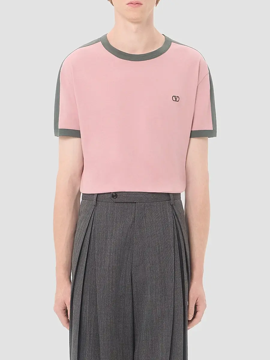 Valentino Men's Cotton T-Shirt with Crewneck with VLogo Embroidery - Pink Green | Thumbnail 3 Valentino Men's Cotton T-Shirt with Crewneck with VLogo Embroidery - Pink Green | Thumbnail 3