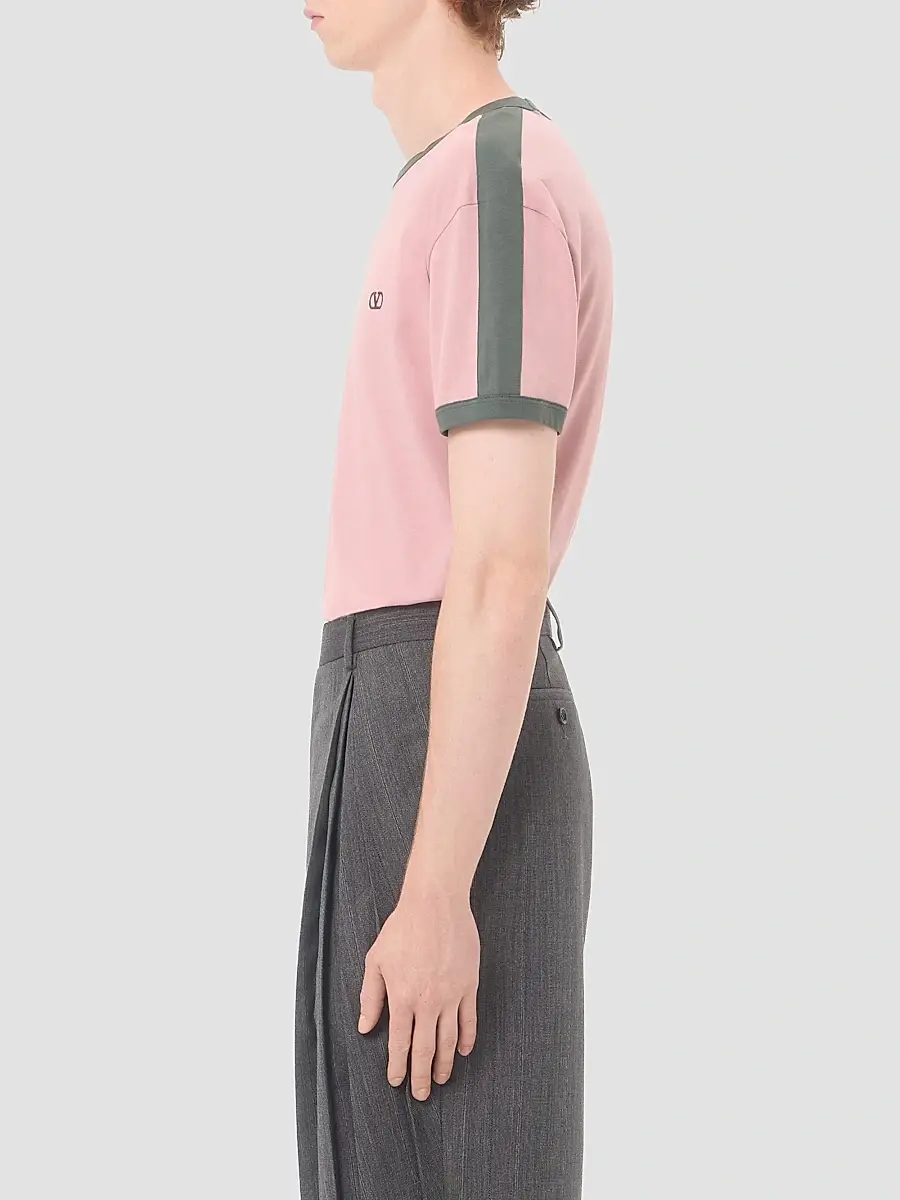 Valentino Men's Cotton T-Shirt with Crewneck with VLogo Embroidery - Pink Green | Thumbnail 4 Valentino Men's Cotton T-Shirt with Crewneck with VLogo Embroidery - Pink Green | Thumbnail 4