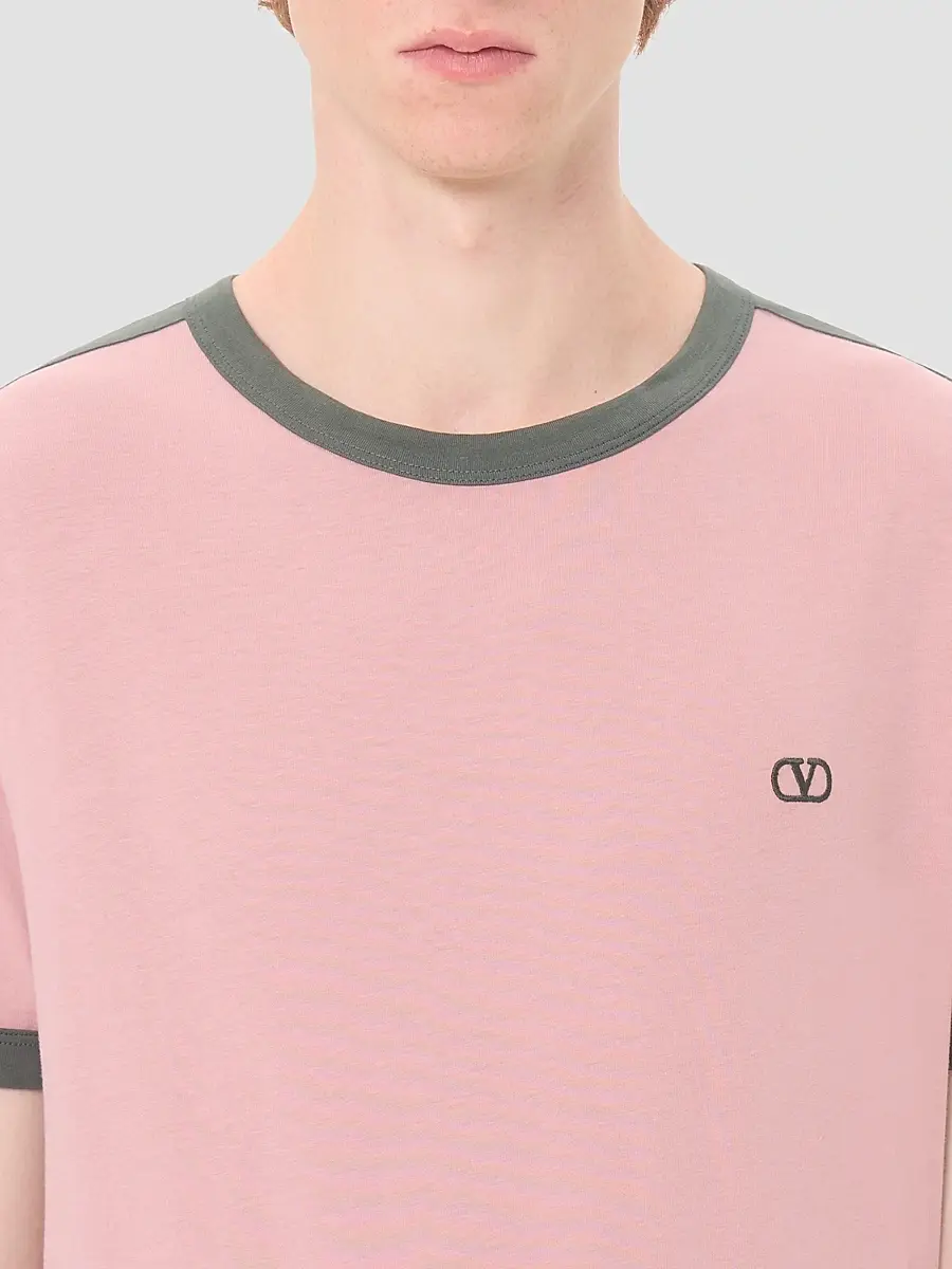 Valentino Men's Cotton T-Shirt with Crewneck with VLogo Embroidery - Pink Green | Thumbnail 6 Valentino Men's Cotton T-Shirt with Crewneck with VLogo Embroidery - Pink Green | Thumbnail 6