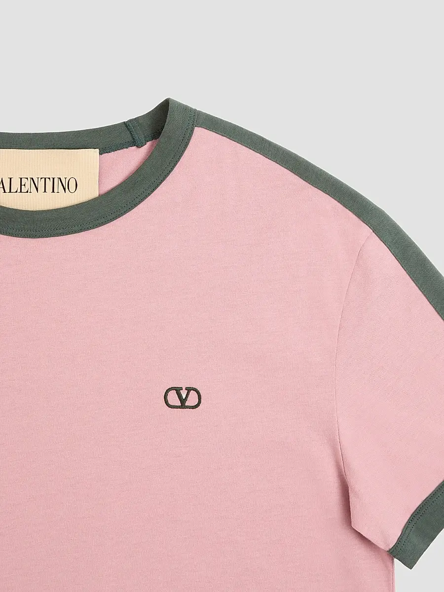 Valentino Men's Cotton T-Shirt with Crewneck with VLogo Embroidery - Pink Green | Thumbnail 7 Valentino Men's Cotton T-Shirt with Crewneck with VLogo Embroidery - Pink Green | Thumbnail 7