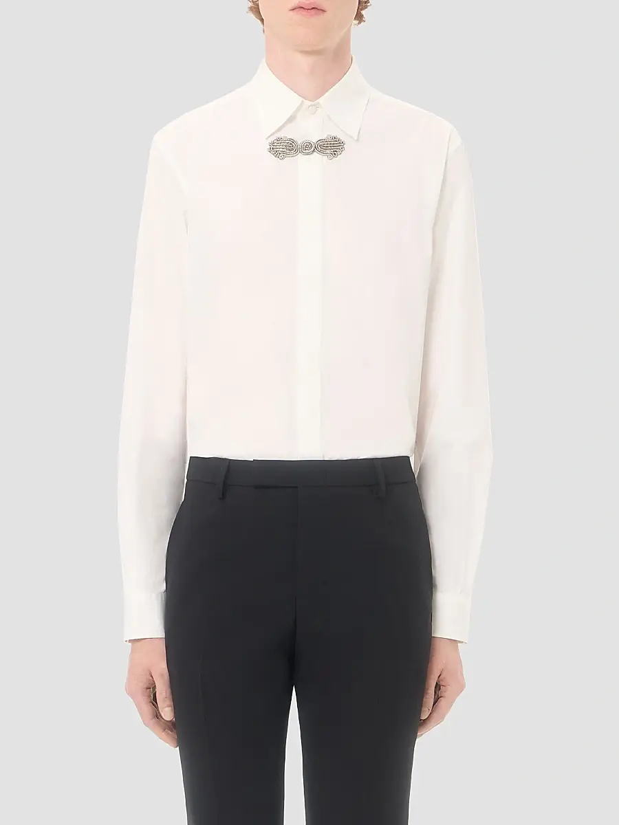 Valentino Men's Long-Sleeved Cotton Poplin Shirt with Embroidered Frog Closure | Thumbnail 3
