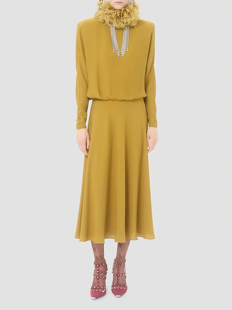 Valentino Women's Midi Dress in Georgette with Feathers - Ochre | Thumbnail 2 Valentino Women's Midi Dress in Georgette with Feathers - Ochre | Thumbnail 2