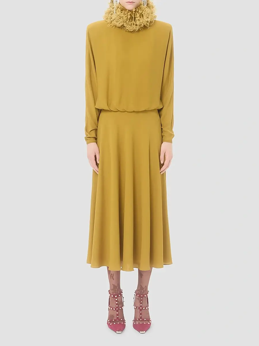 Valentino Women's Midi Dress in Georgette with Feathers - Ochre | Thumbnail 3 Valentino Women's Midi Dress in Georgette with Feathers - Ochre | Thumbnail 3