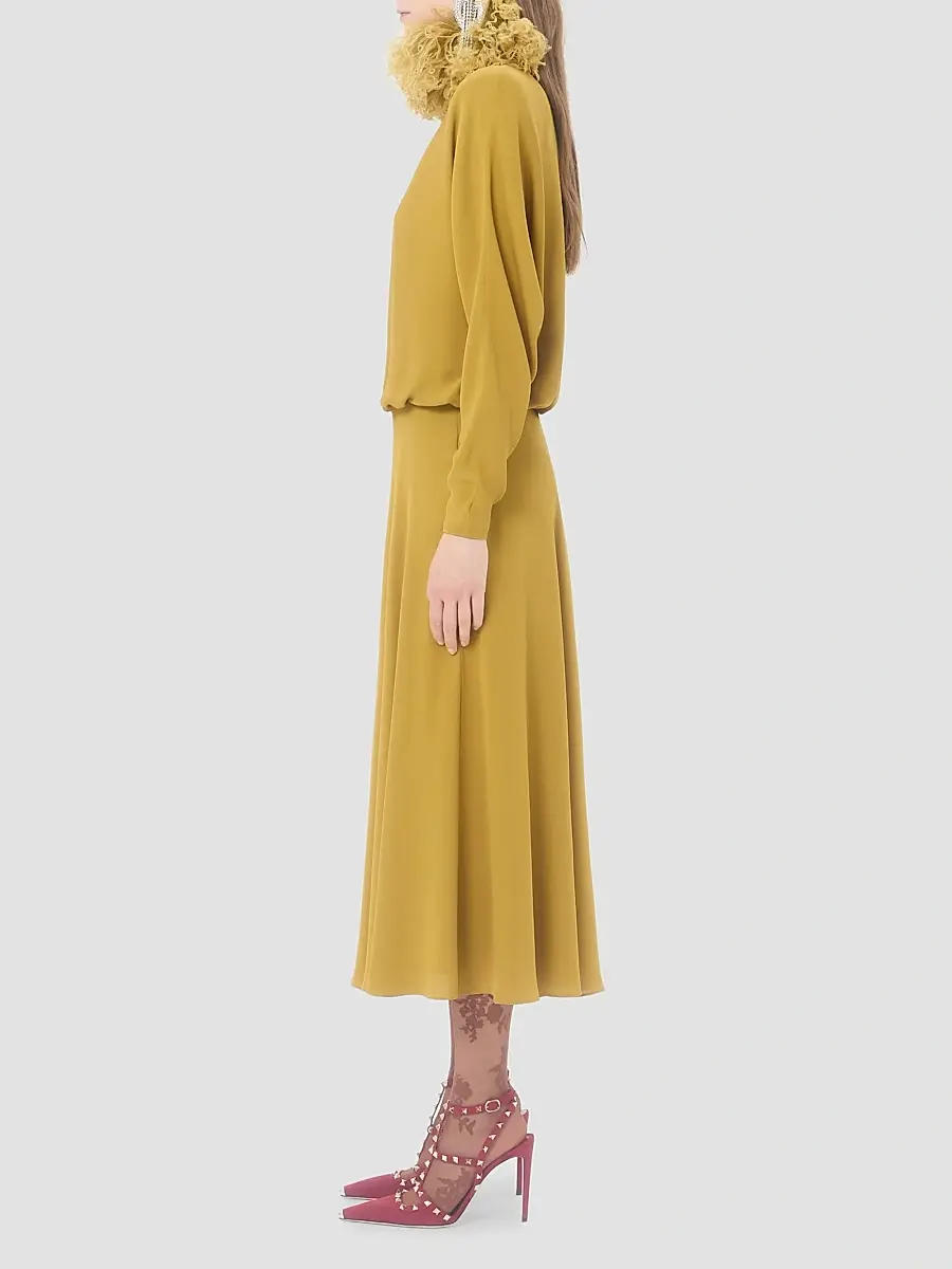 Valentino Women's Midi Dress in Georgette with Feathers - Ochre | Thumbnail 4 Valentino Women's Midi Dress in Georgette with Feathers - Ochre | Thumbnail 4