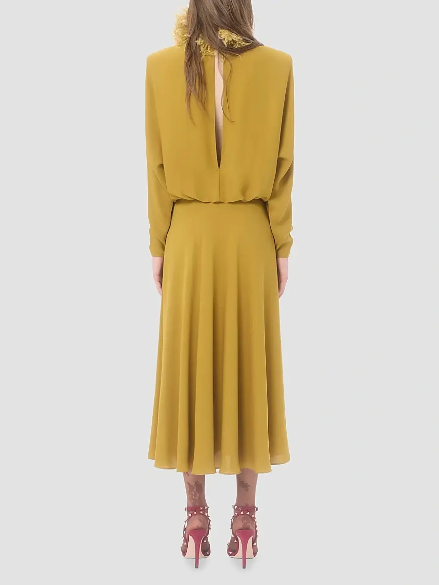 Valentino Women's Midi Dress in Georgette with Feathers - Ochre | Thumbnail 5 Valentino Women's Midi Dress in Georgette with Feathers - Ochre | Thumbnail 5
