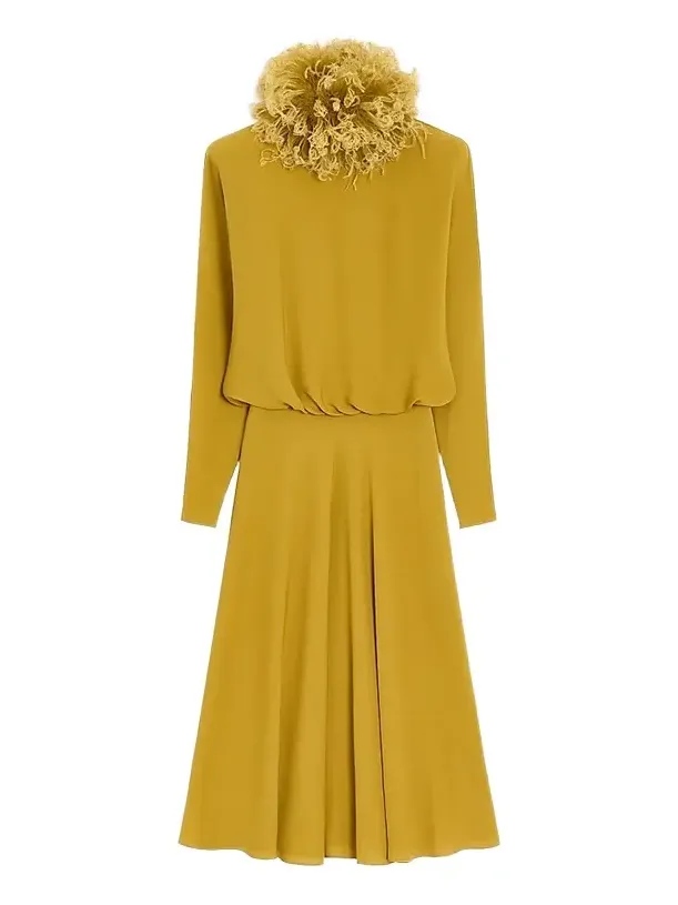 Women's Midi Dress in Georgette with Feathers - Ochre Women's Midi Dress in Georgette with Feathers - Ochre