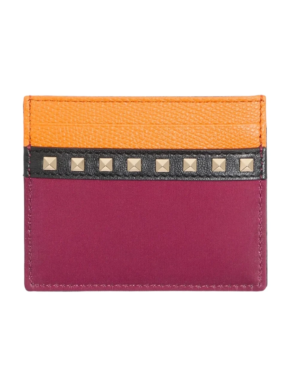 Valentino Men's Stud Up Cardholder in Nylon and Grainy Calfskin - Insolent Orange