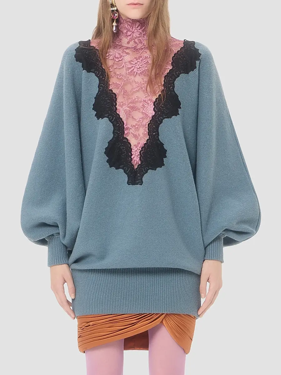 Valentino Women's Wool Sweater with Lace - Petrol Black | Thumbnail 3 Valentino Women's Wool Sweater with Lace - Petrol Black | Thumbnail 3