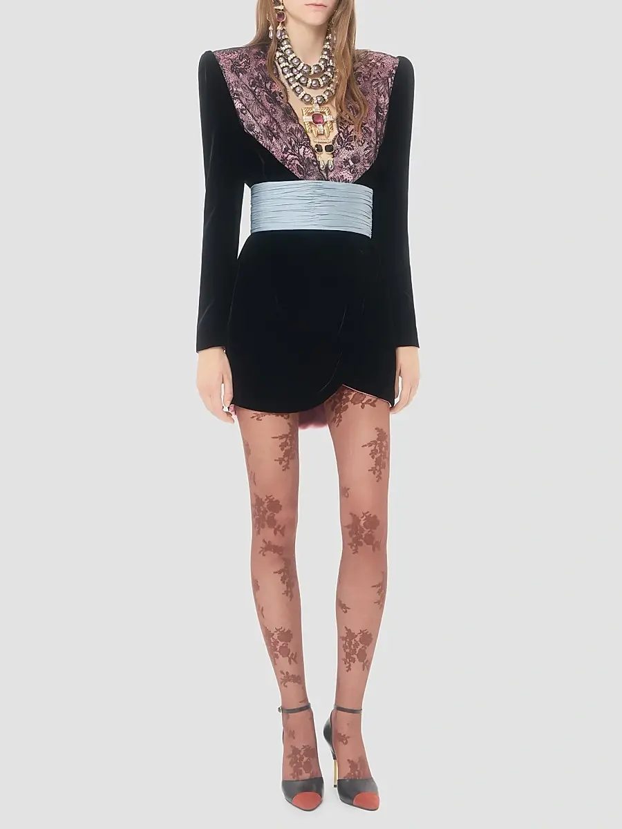 Valentino Women's Short Velvet Dress with Lace - Black Pink | Thumbnail 2 Valentino Women's Short Velvet Dress with Lace - Black Pink | Thumbnail 2