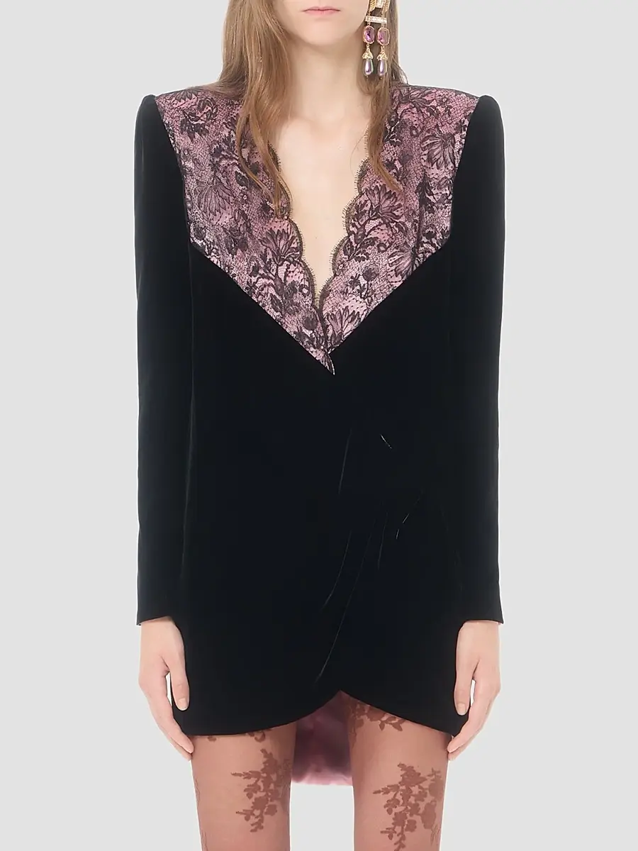Valentino Women's Short Velvet Dress with Lace - Black Pink | Thumbnail 3 Valentino Women's Short Velvet Dress with Lace - Black Pink | Thumbnail 3