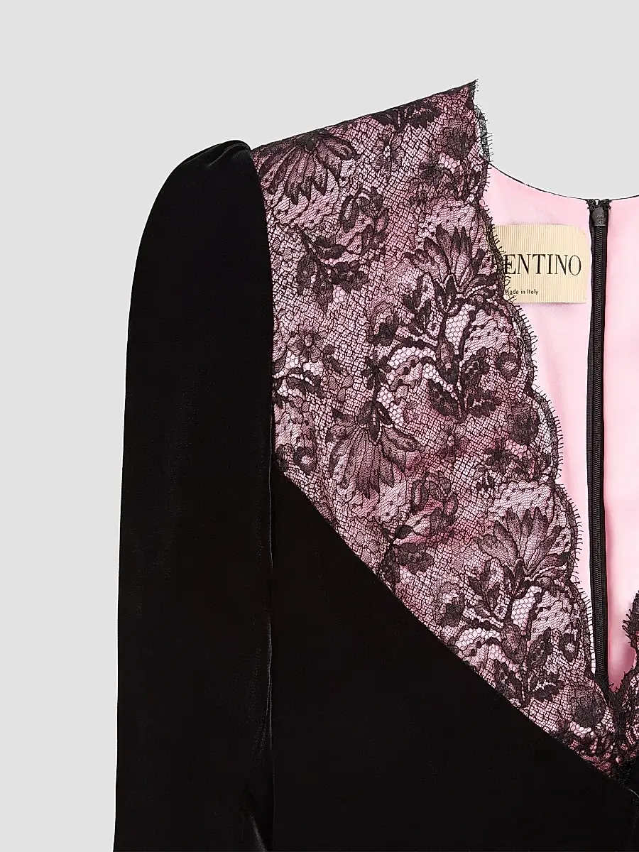 Valentino Women's Short Velvet Dress with Lace - Black Pink | Thumbnail 7 Valentino Women's Short Velvet Dress with Lace - Black Pink | Thumbnail 7