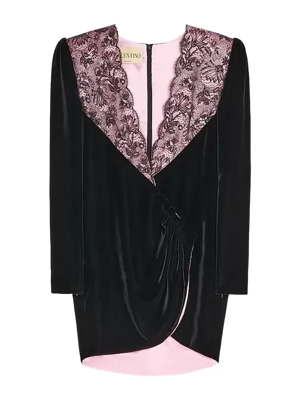 Women's Short Velvet Dress with Lace - Black Pink Women's Short Velvet Dress with Lace - Black Pink