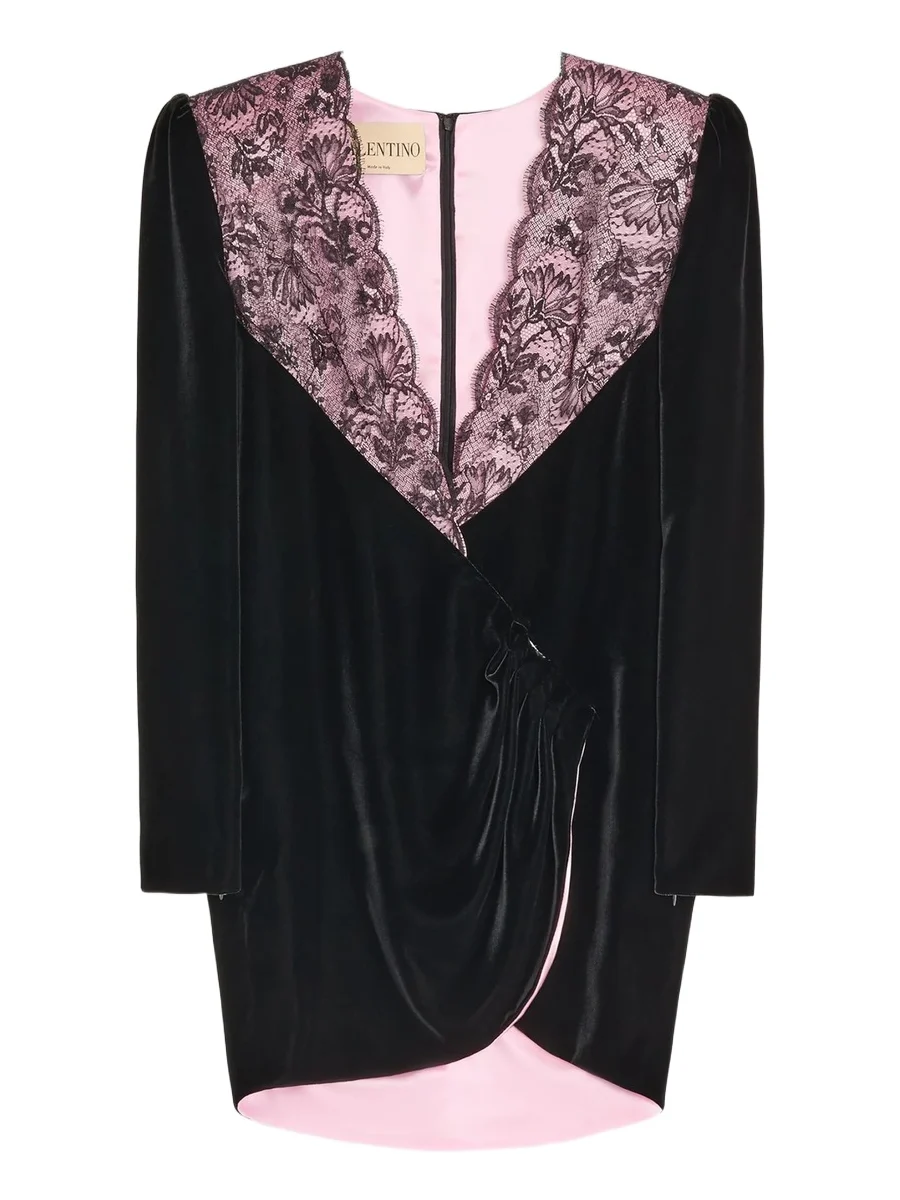 Valentino Women's Short Velvet Dress with Lace - Black Pink