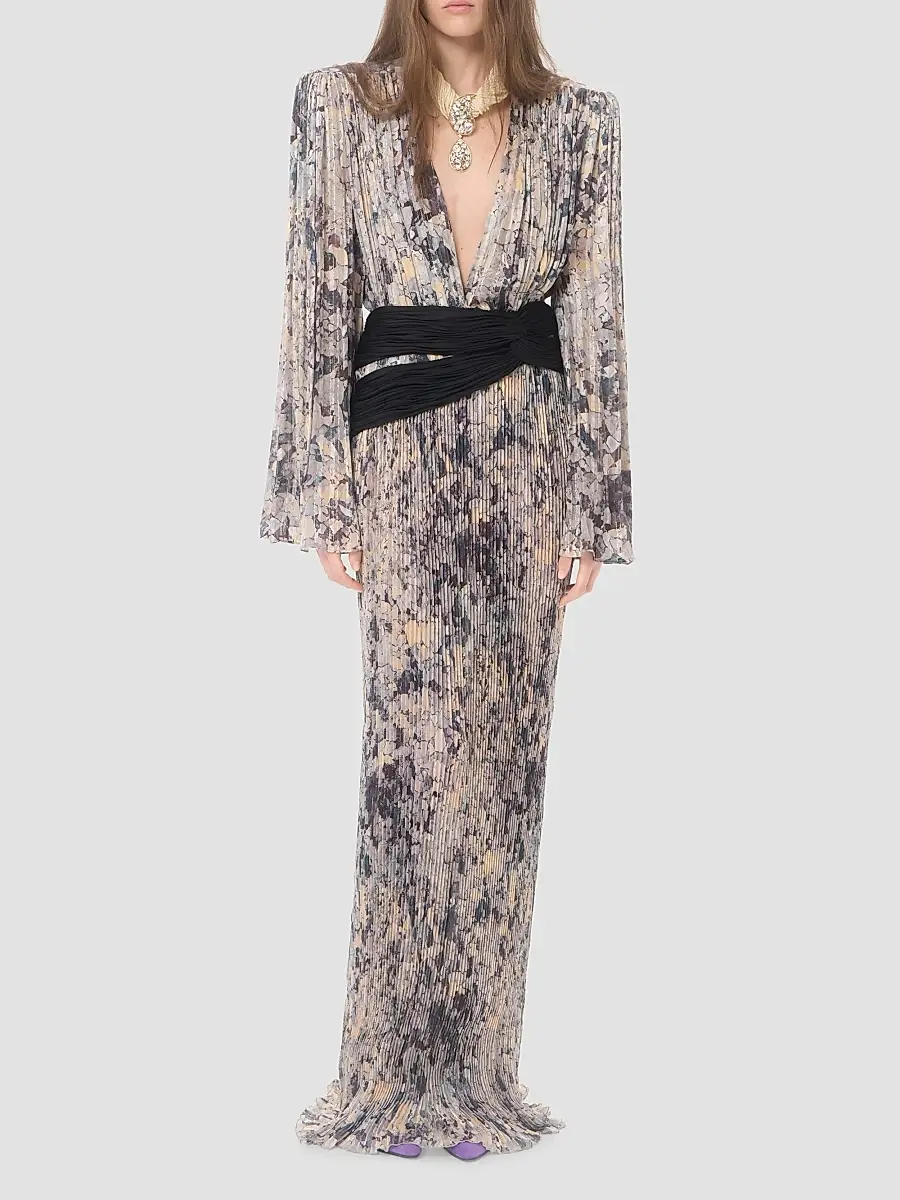 Valentino Women's Long Dress with Pleats - Grey Multi | Thumbnail 2 Valentino Women's Long Dress with Pleats - Grey Multi | Thumbnail 2