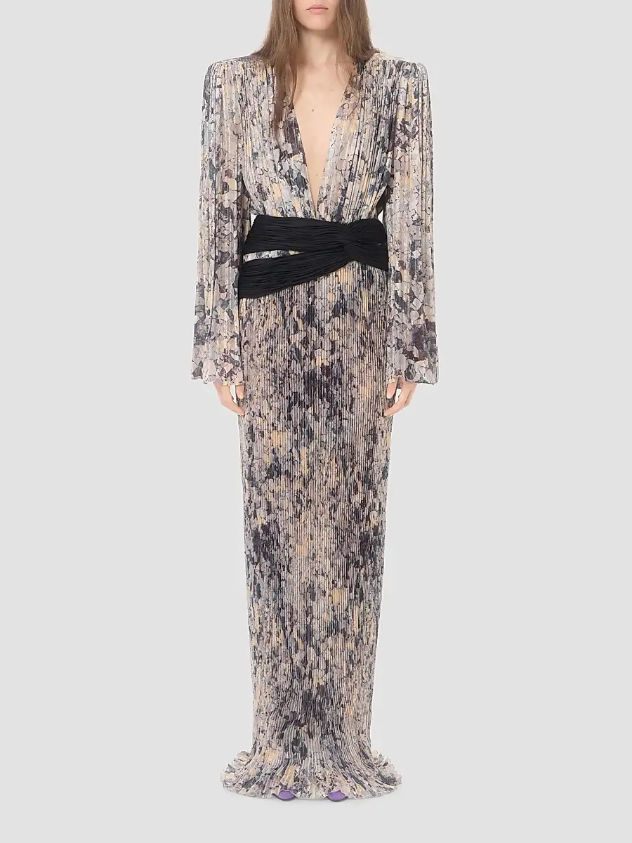 Valentino Women's Long Dress with Pleats - Grey Multi | Thumbnail 3 Valentino Women's Long Dress with Pleats - Grey Multi | Thumbnail 3