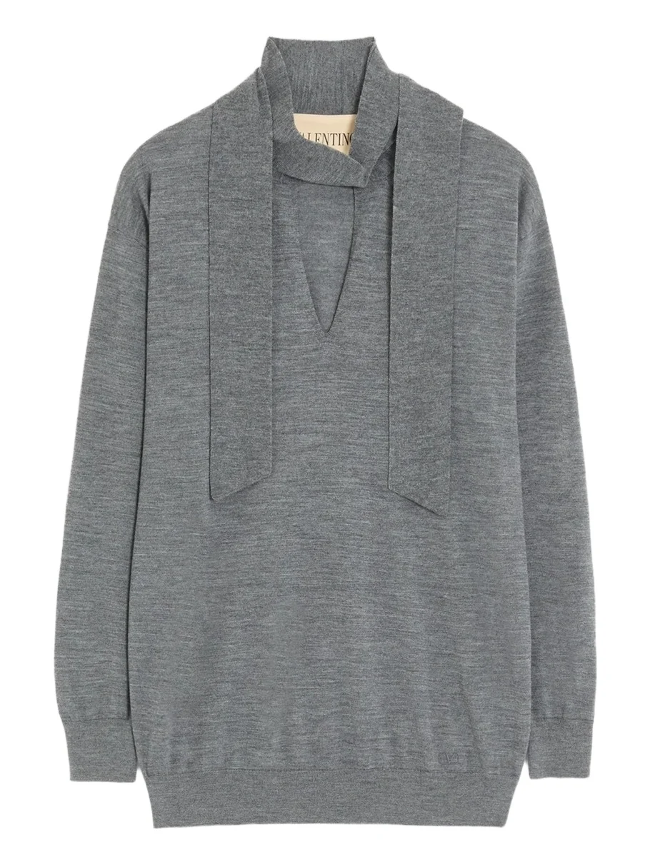 Women's Wool Sweater with Scarf - Grey