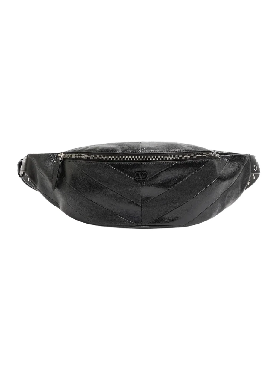 Valentino Men's Jean Waist Bag in Patchwork Nappa Leather with Chevron Pattern - Black