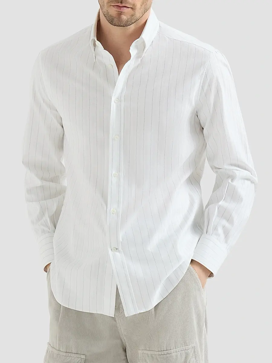 Brunello Cucinelli Men's Cotton Textured Striped Chevron Shirt with Button-Down Collar - White | Thumbnail 2